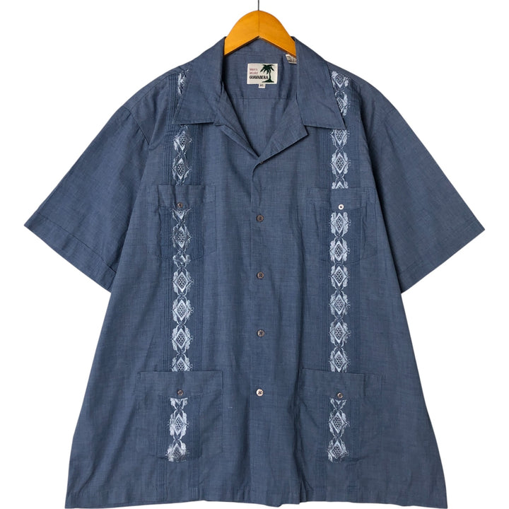 GUAYABERA Short Sleeve Open Collar Mexican Shirt Cuban Shirt Box Shirt Men's XL Size polyester Blue type light blue Vintage Second Hand