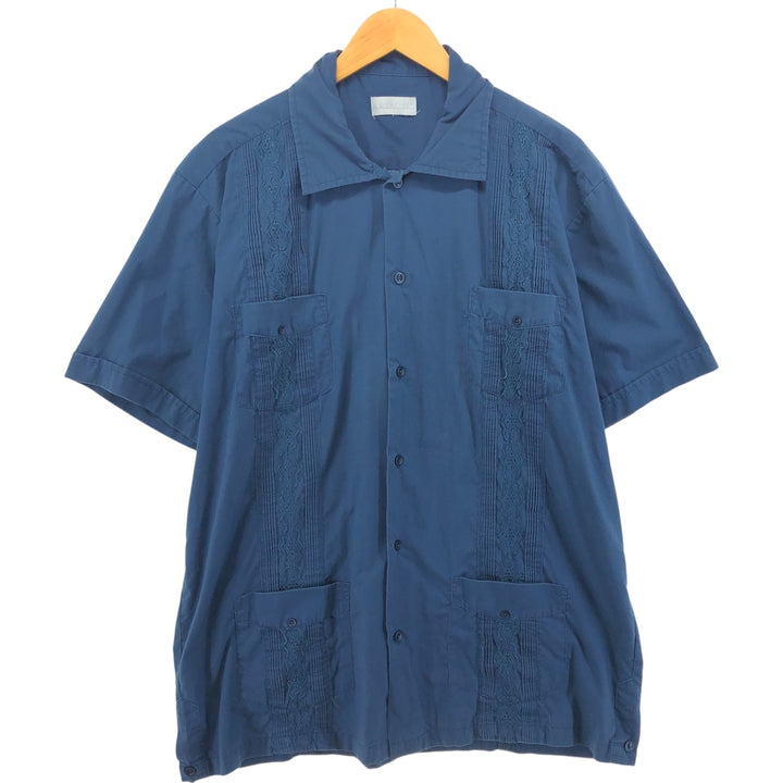 SILVER CREST Short Sleeve Mexican Shirt Cuban Shirt Box Shirt Men's XL Size cotton Navy blue Vintage Second Hand