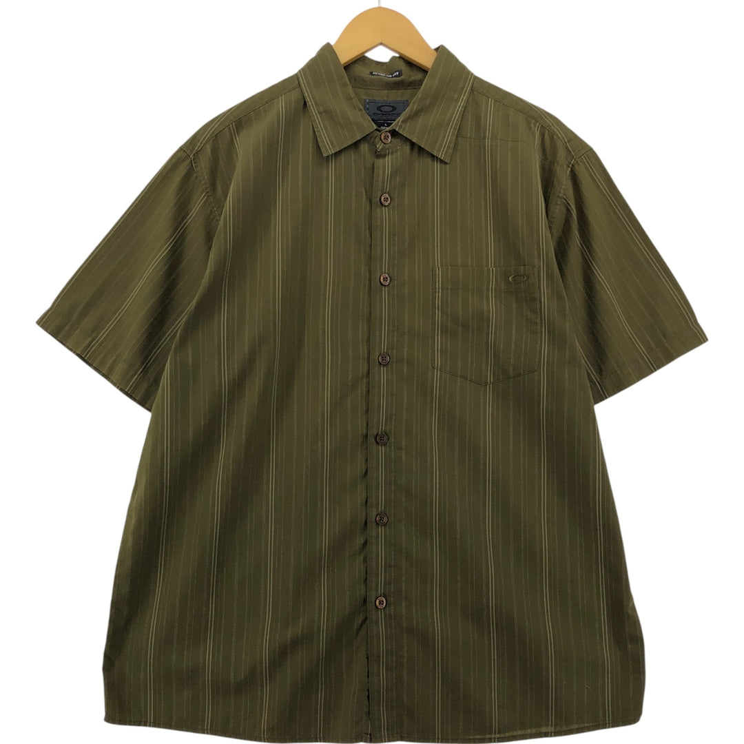 Oakley ORKLEY Short Sleeve Button Down Striped Shirt Men's L size cotton Khaki type sage green Vintage Second Hand