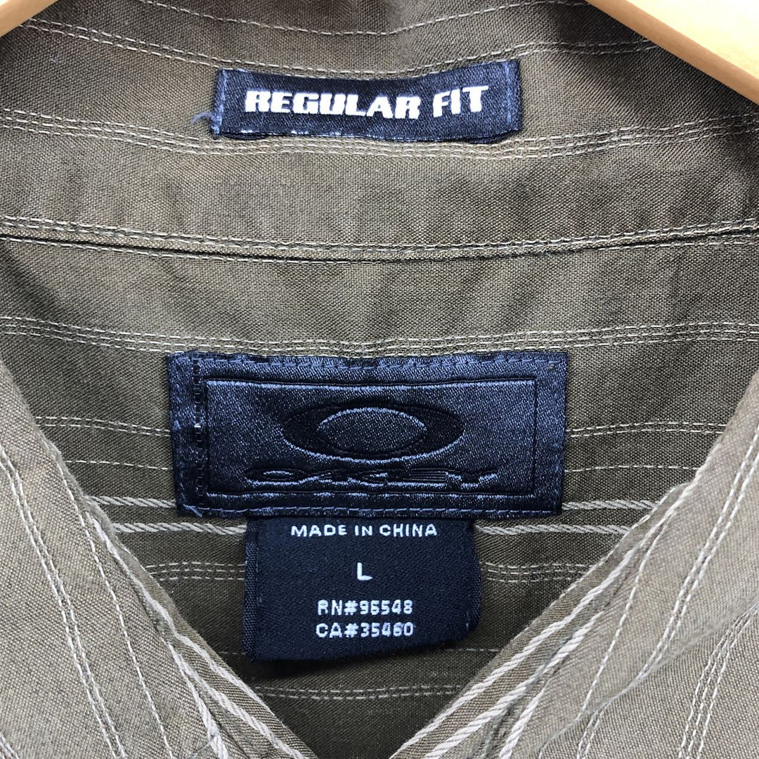 Oakley ORKLEY Short Sleeve Button Down Striped Shirt Men's L size cotton Khaki type sage green Vintage Second Hand
