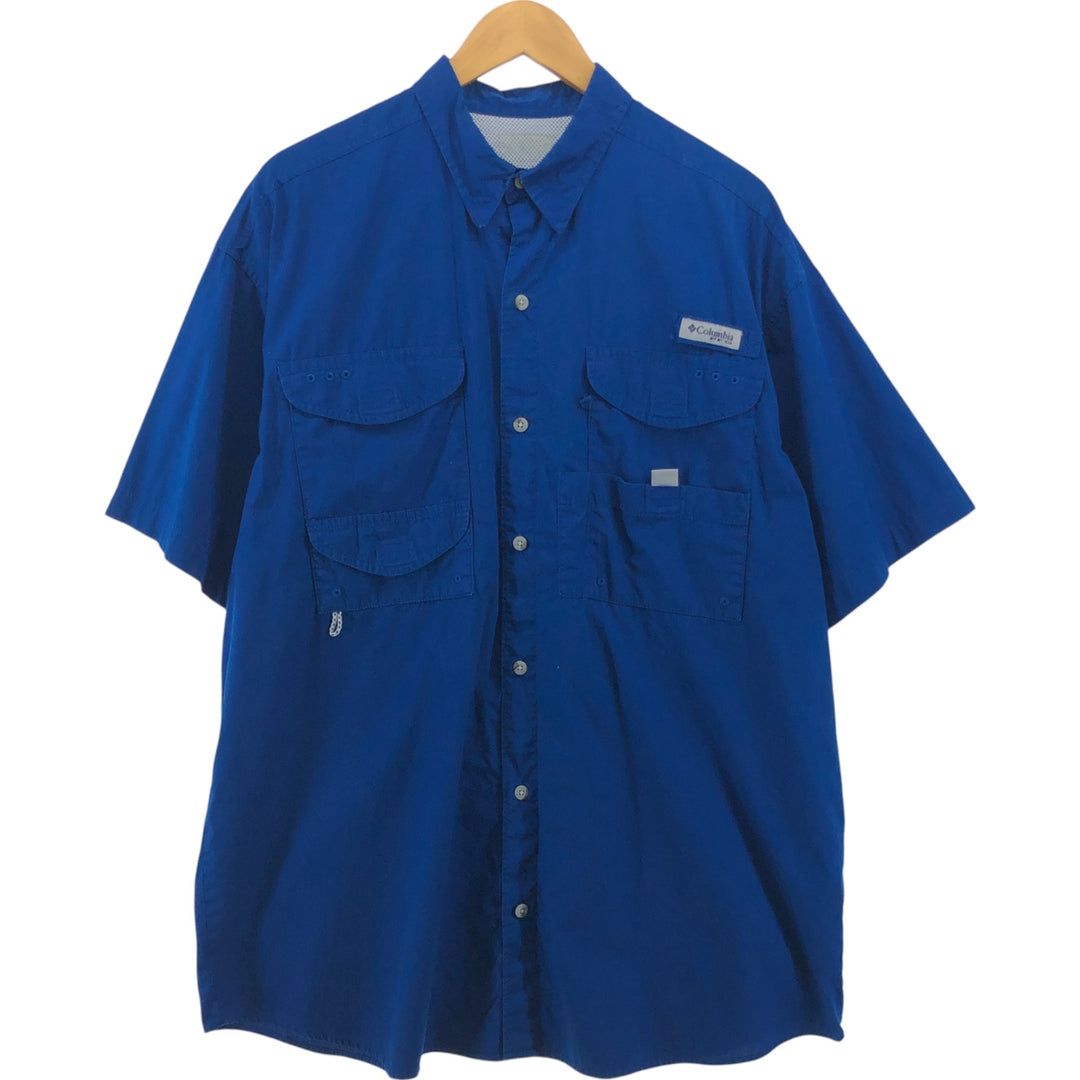 Columbia PFG Hidden Button Down Short Sleeve Fishing Shirt, Men's XL cotton blue type Vintage Second Hand