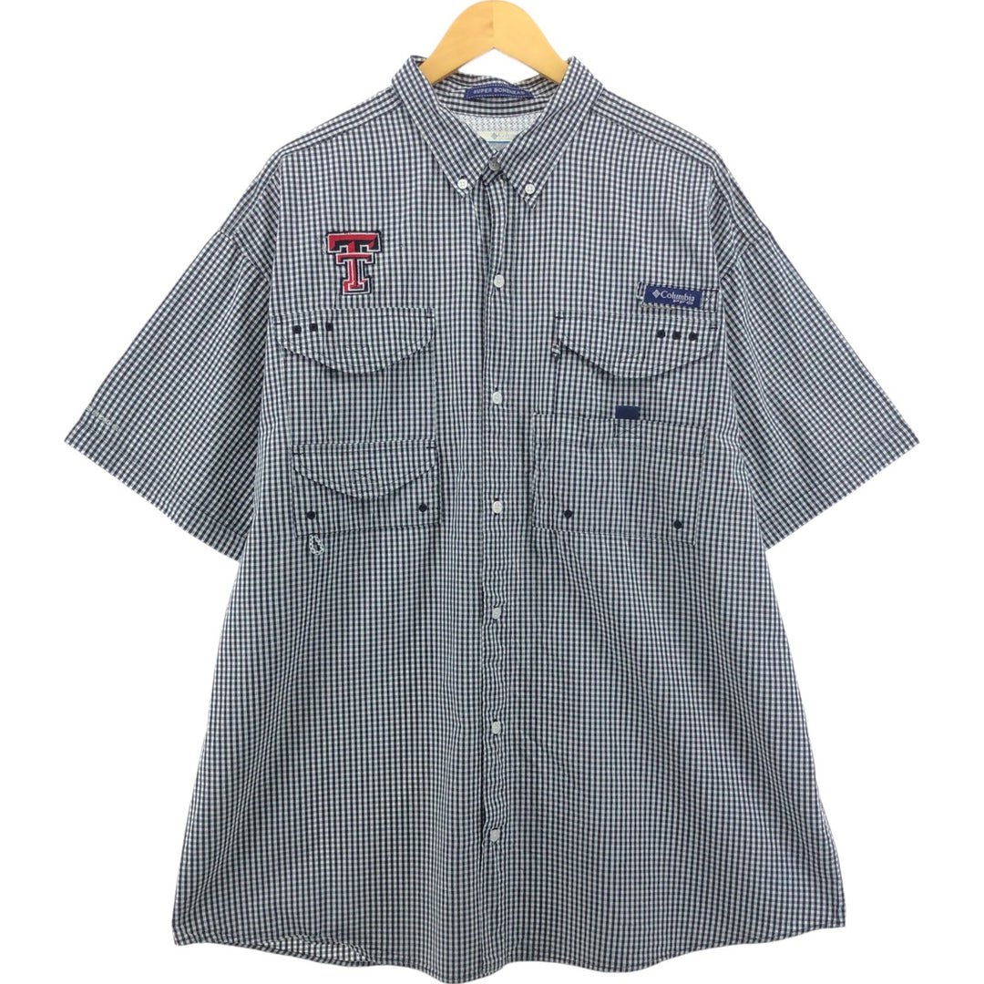 Columbia PFG Gingham Check Button-Down Short Sleeve Fishing Shirt, Men's XL cotton black type Vintage Second Hand