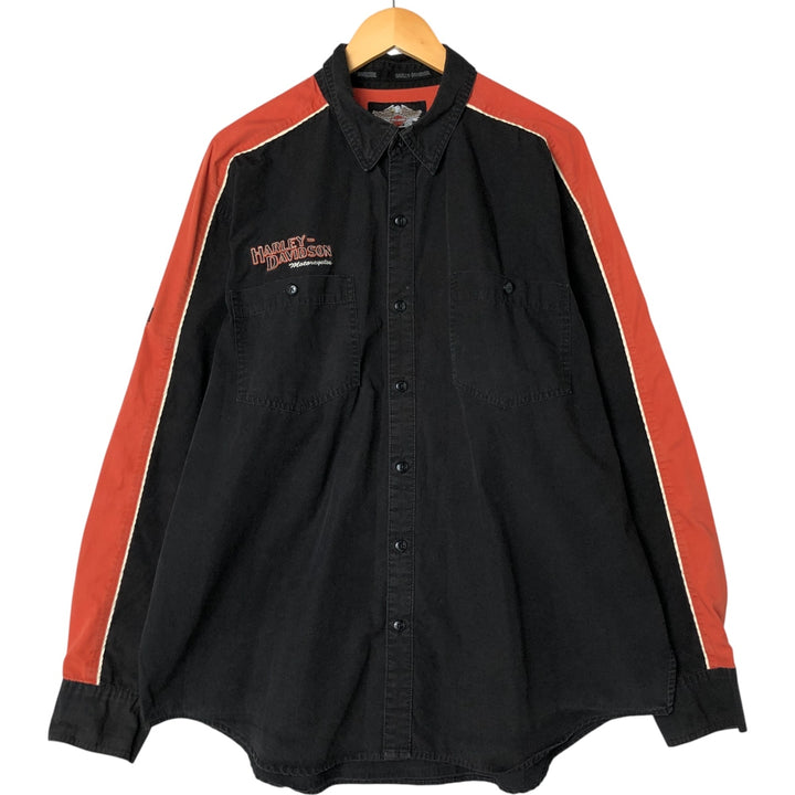 00'S Harley-Davidson Hidden Button-Down Long Sleeve Work Shirt, Men's Size XL cotton black type Vintage Second Hand