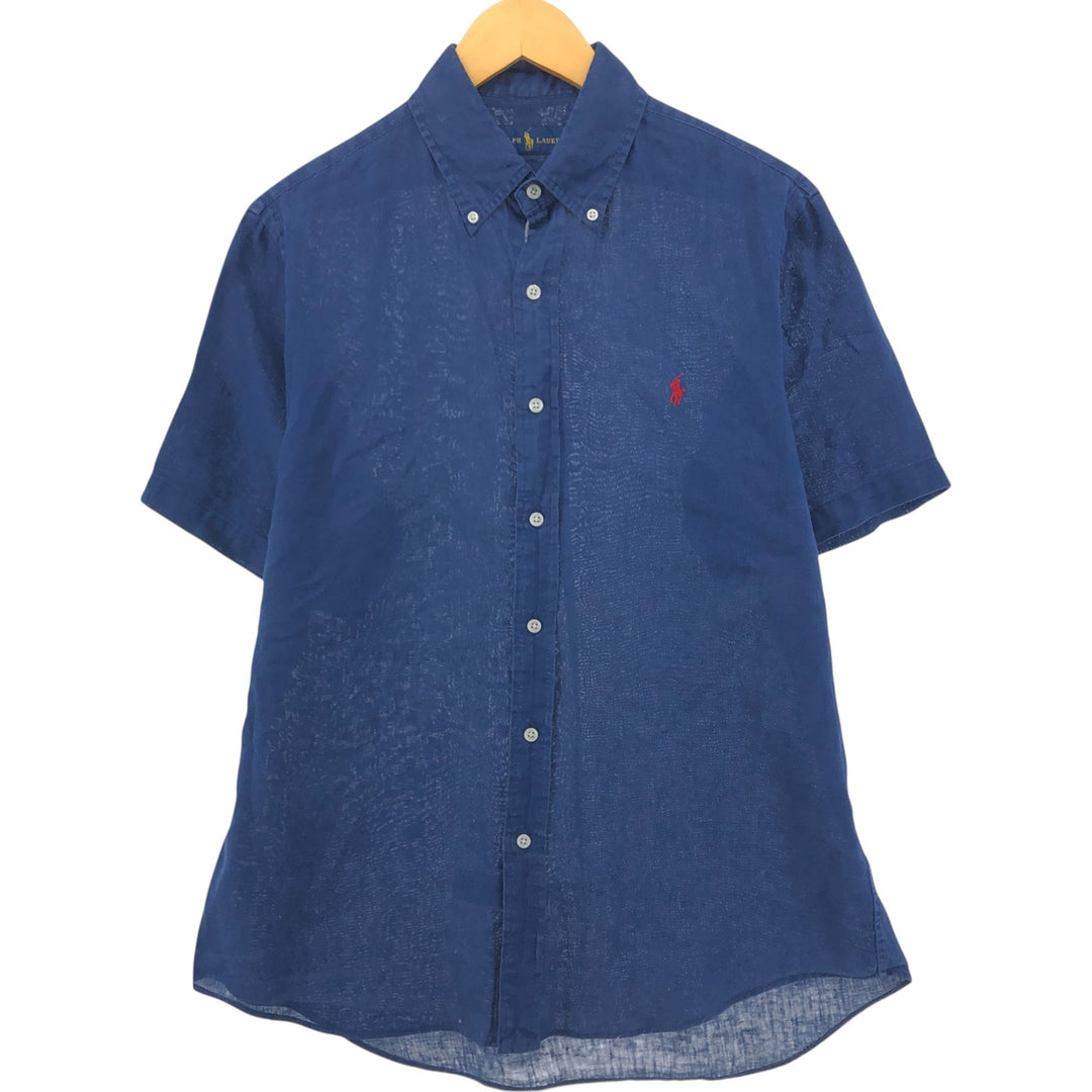Ralph Lauren short sleeve linen button down shirt, men's size M linen navy blue type Vintage Second Hand