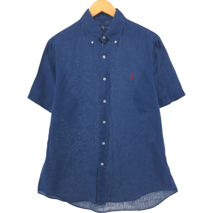 Ralph Lauren short sleeve linen button down shirt, men's size M linen navy blue type Vintage Second Hand