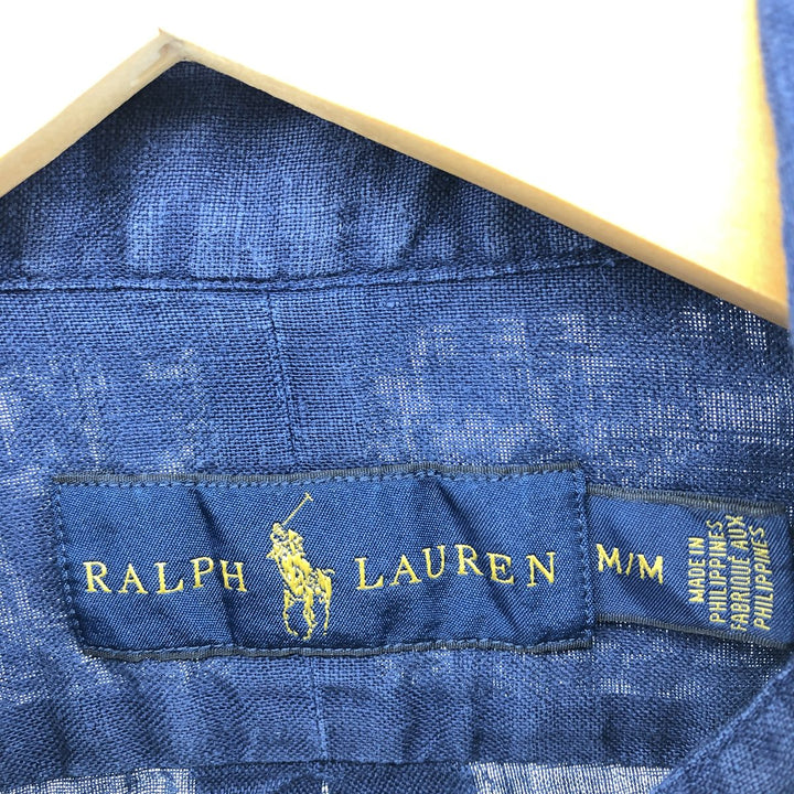 Ralph Lauren short sleeve linen button down shirt, men's size M linen navy blue type Vintage Second Hand