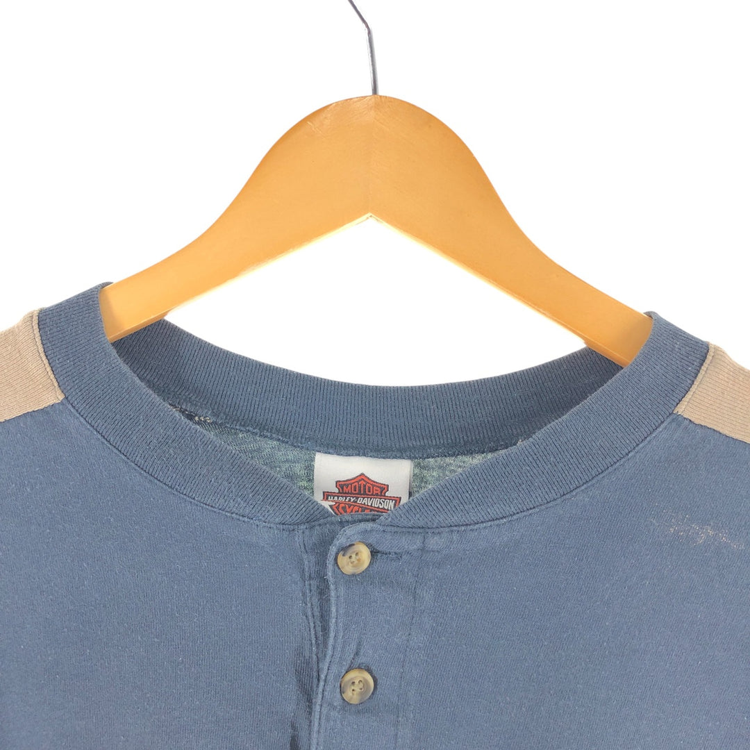 Harley-Davidson Henley neck long T-shirt, men's XL size unclear navy blue type Vintage Second Hand