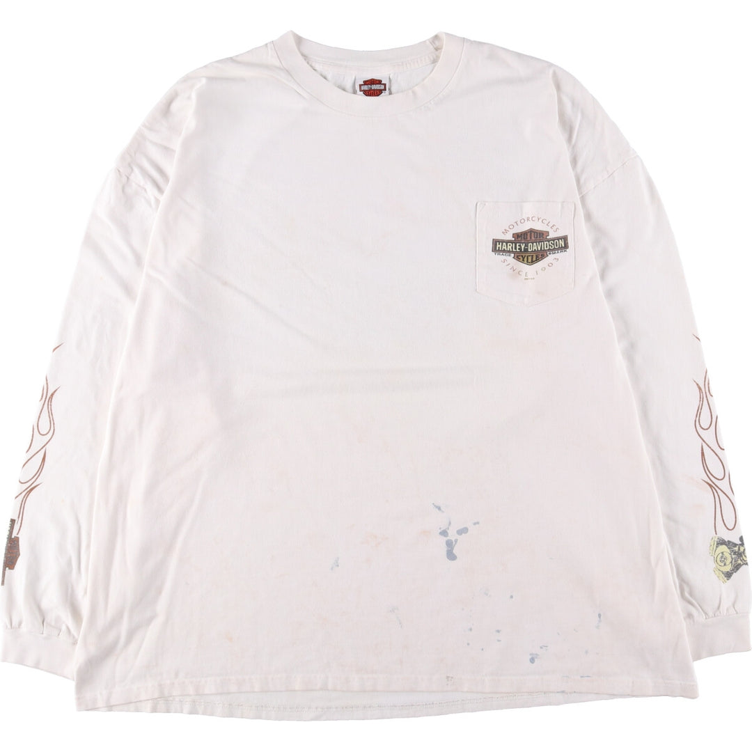 Big size Harley Davidson Fire Pattern Engine Long T-shirt, Men's XXXXL equivalent cotton white type Vintage Second Hand