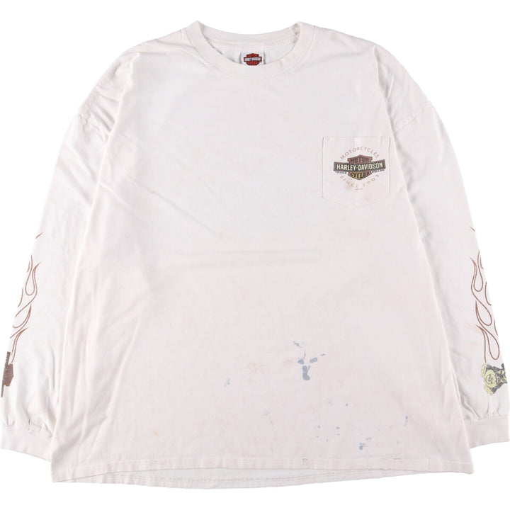 Big size Harley Davidson Fire Pattern Engine Long T-shirt, Men's XXXXL equivalent cotton white type Vintage Second Hand