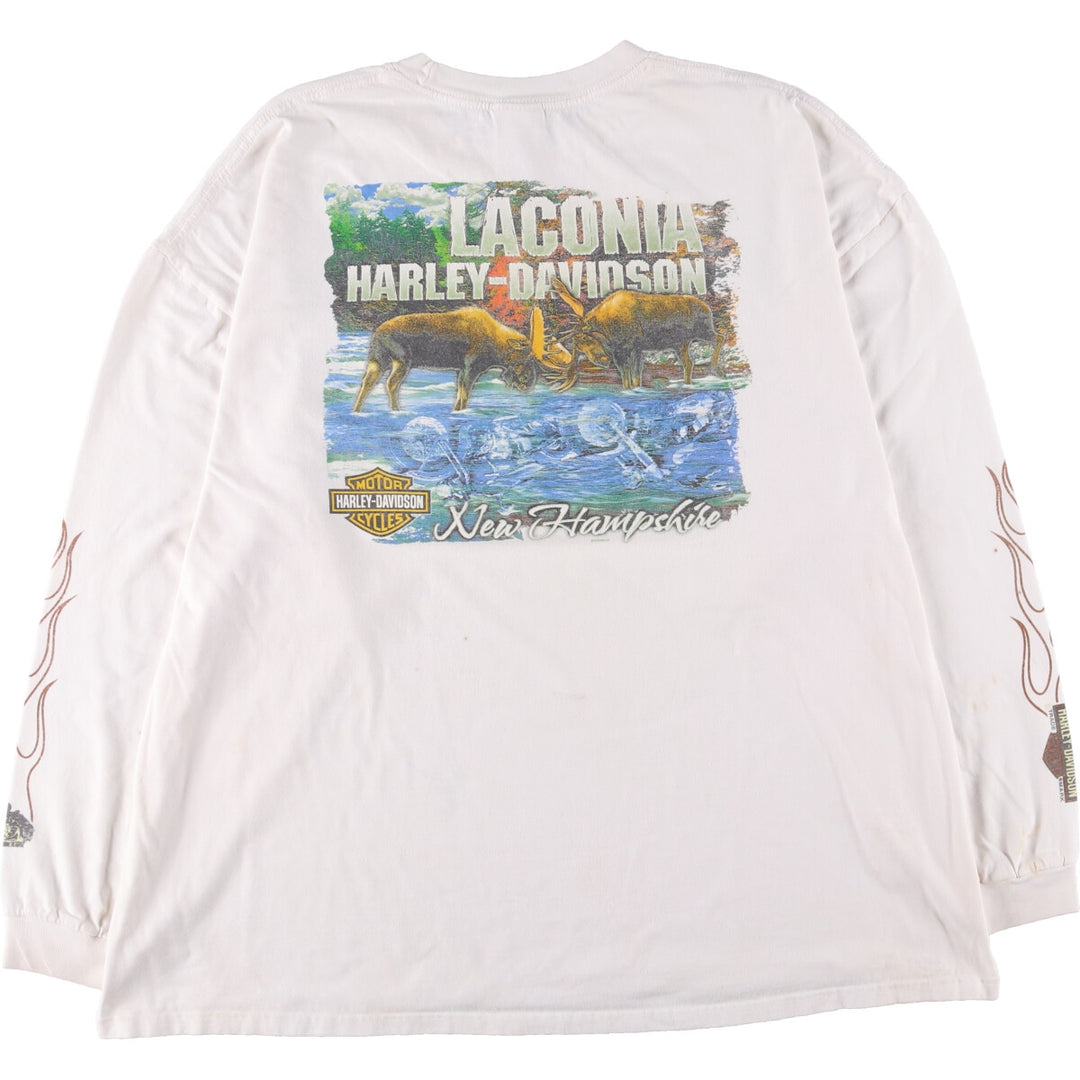 Big size Harley Davidson Fire Pattern Engine Long T-shirt, Men's XXXXL equivalent cotton white type Vintage Second Hand