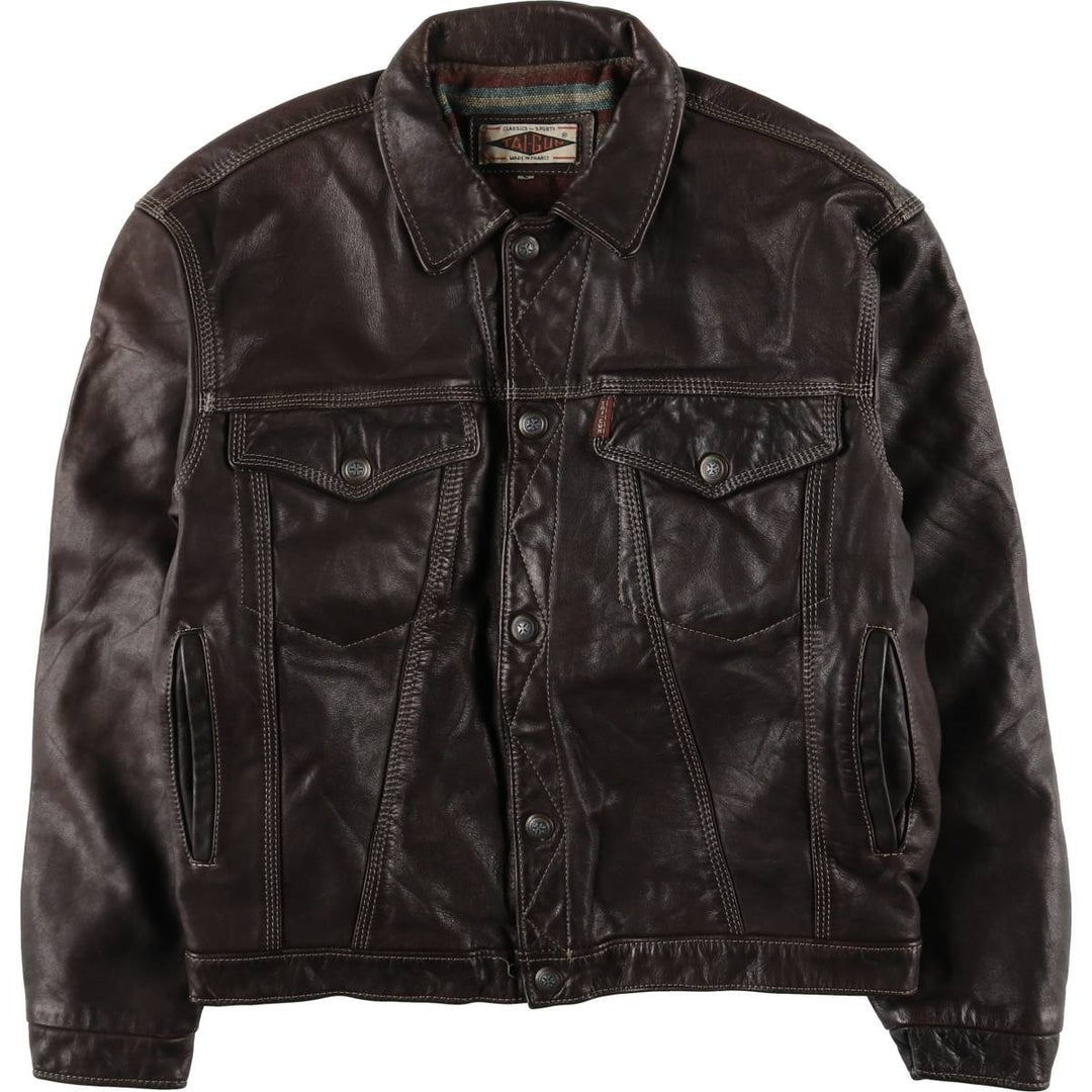 TAI-GUN Padded Trucker Jacket, Leather Blouson Style, Made in France, Men's Size Small unclear brown type Vintage Second Hand