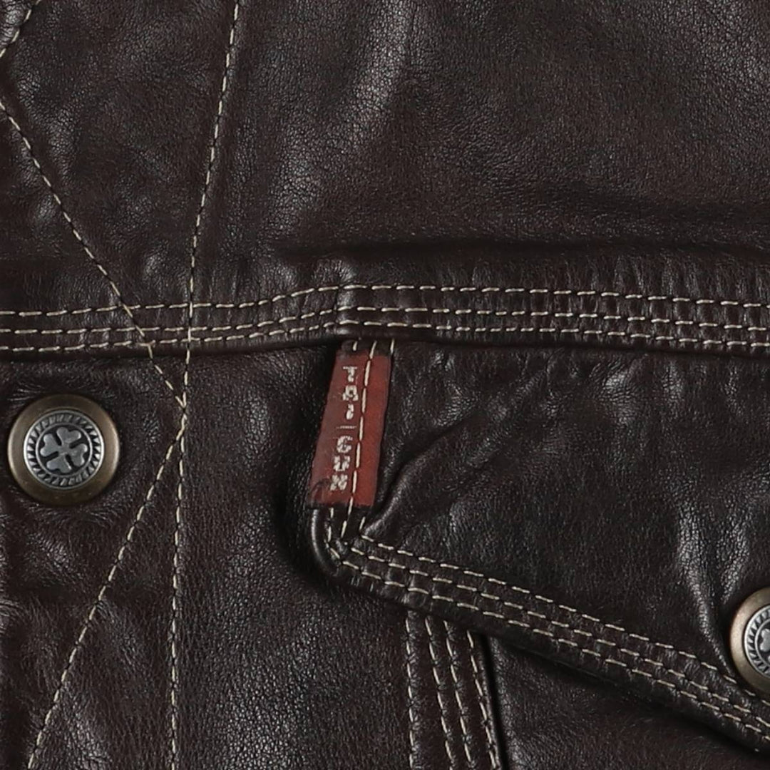 TAI-GUN Padded Trucker Jacket, Leather Blouson Style, Made in France, Men's Size Small unclear brown type Vintage Second Hand
