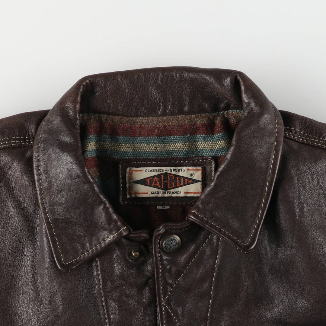 TAI-GUN Padded Trucker Jacket, Leather Blouson Style, Made in France, Men's Size Small unclear brown type Vintage Second Hand