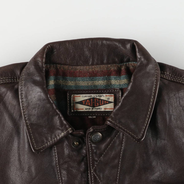 TAI-GUN Padded Trucker Jacket, Leather Blouson Style, Made in France, Men's Size Small unclear brown type Vintage Second Hand