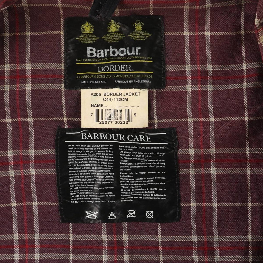 90'S Barbour BORDER Old 3 Warrant Waxed Cotton Oiled Jacket Made in England C44 Men's L size cotton Charcoal Vintage Second Hand