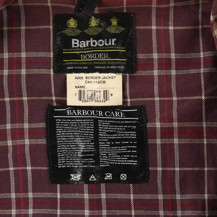 90'S Barbour BORDER Old 3 Warrant Waxed Cotton Oiled Jacket Made in England C44 Men's L size cotton Charcoal Vintage Second Hand