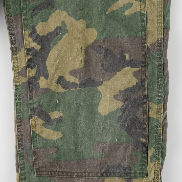 80'S Key Camouflage Pattern Woodland Camo Double Knee Overalls Women's XL (w32) Vintage unclear Khaki type Vintage Second Hand