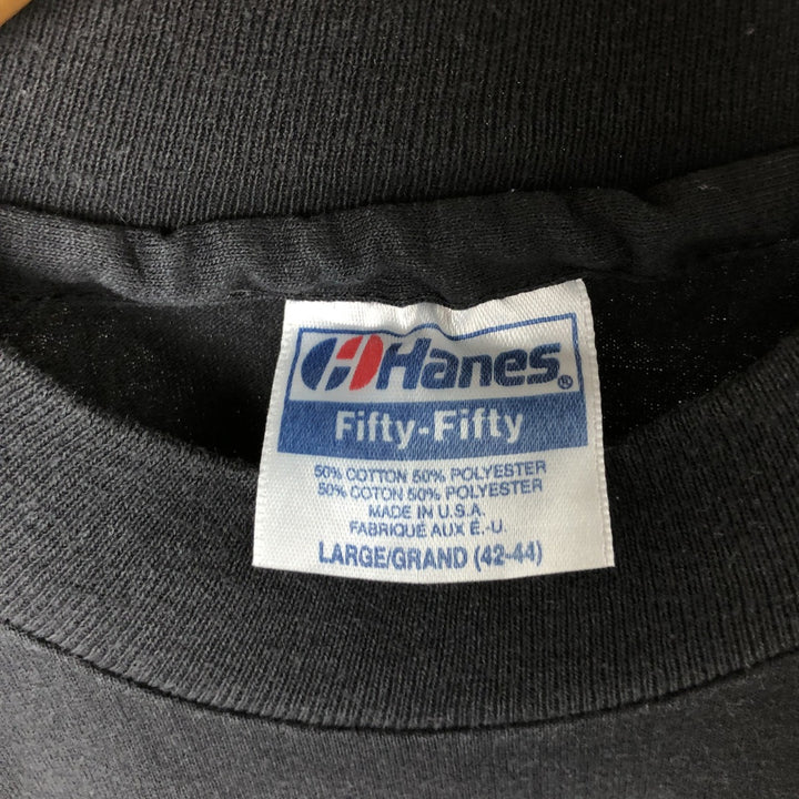 90'S Hanes Fifty-Fifty Blue Tag Advertising T-Shirt Made in USA Men's L Size Vintage cotton black type Vintage Second Hand