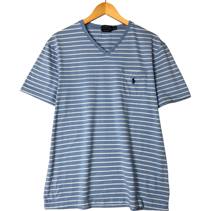 POLO RALPH LAUREN CUSTOM SLIM FIT Border Pattern V-neck One Point Logo Pocket T-shirt Men's L size cotton Blue type light blue Vintage Second Hand