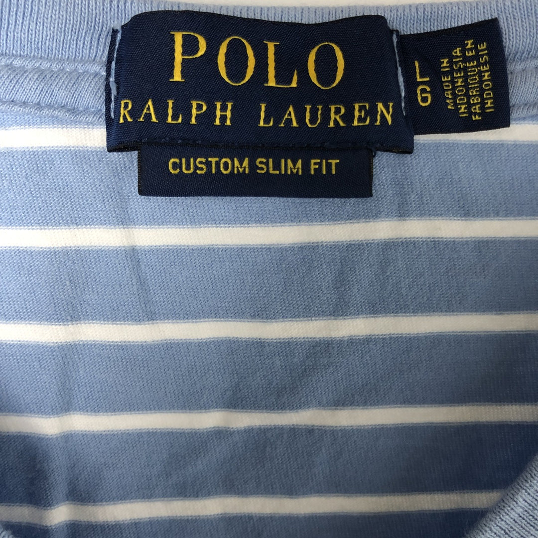 POLO RALPH LAUREN CUSTOM SLIM FIT Border Pattern V-neck One Point Logo Pocket T-shirt Men's L size cotton Blue type light blue Vintage Second Hand