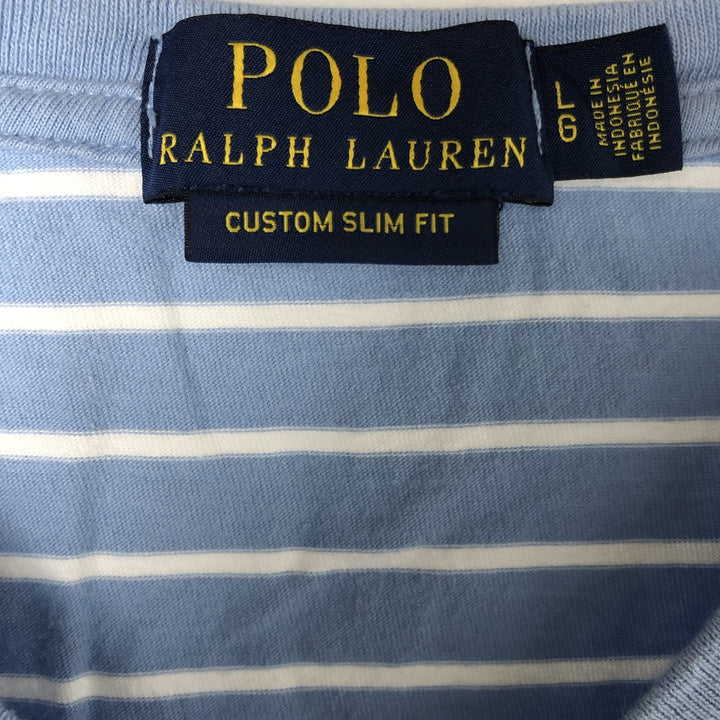 POLO RALPH LAUREN CUSTOM SLIM FIT Border Pattern V-neck One Point Logo Pocket T-shirt Men's L size cotton Blue type light blue Vintage Second Hand