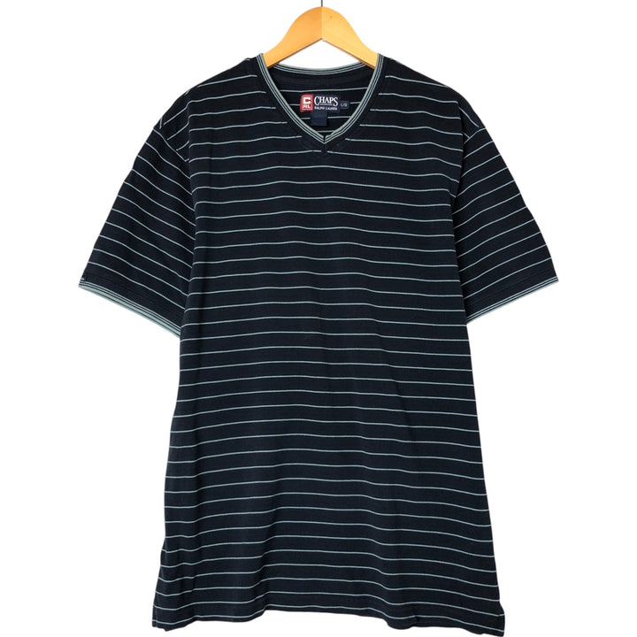 90'S Ralph Lauren CHAPS Border Pattern Pique Short Sleeve V-Neck T-Shirt Men's L Size Vintage cotton navy blue type Vintage Second Hand