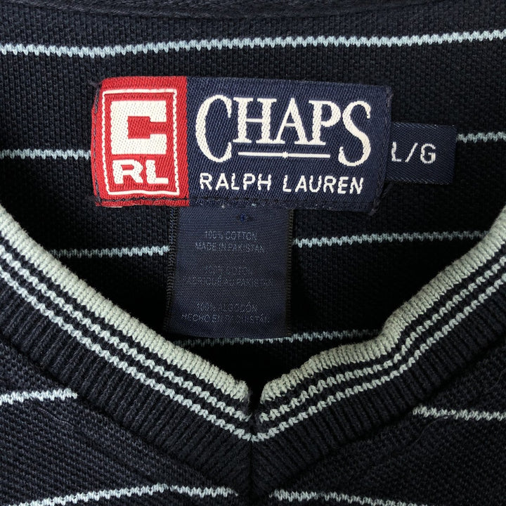 90'S Ralph Lauren CHAPS Border Pattern Pique Short Sleeve V-Neck T-Shirt Men's L Size Vintage cotton navy blue type Vintage Second Hand