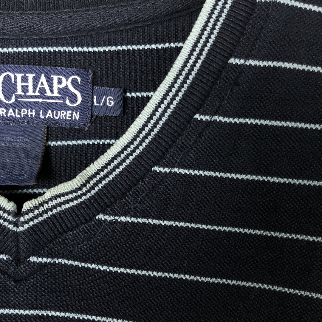 90'S Ralph Lauren CHAPS Border Pattern Pique Short Sleeve V-Neck T-Shirt Men's L Size Vintage cotton navy blue type Vintage Second Hand