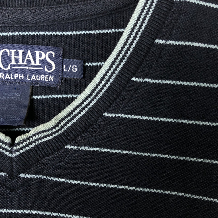 90'S Ralph Lauren CHAPS Border Pattern Pique Short Sleeve V-Neck T-Shirt Men's L Size Vintage cotton navy blue type Vintage Second Hand