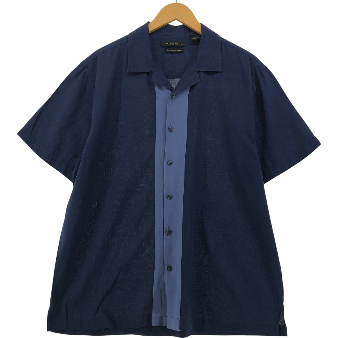 AXIST Two-tone open collar short sleeve silk shirt, box shirt, men's size L silk navy blue type Vintage Second Hand