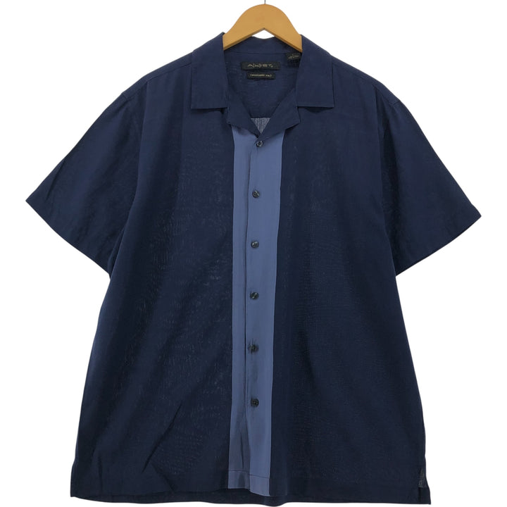 AXIST Two-tone open collar short sleeve silk shirt, box shirt, men's size L silk navy blue type Vintage Second Hand