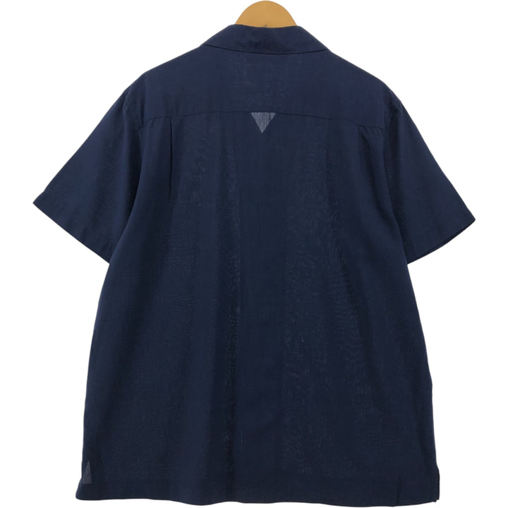 AXIST Two-tone open collar short sleeve silk shirt, box shirt, men's size L silk navy blue type Vintage Second Hand