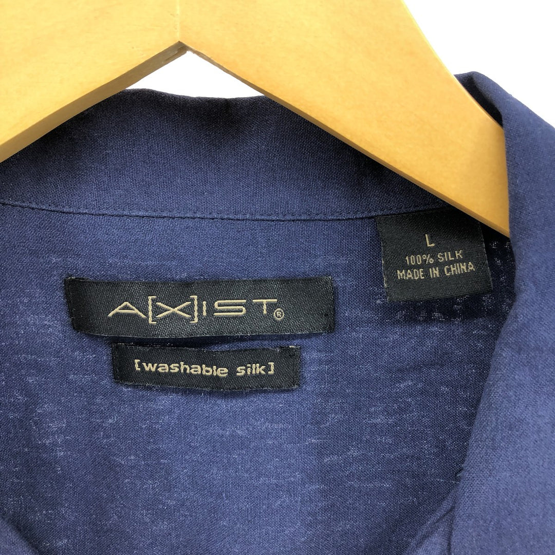 AXIST Two-tone open collar short sleeve silk shirt, box shirt, men's size L silk navy blue type Vintage Second Hand