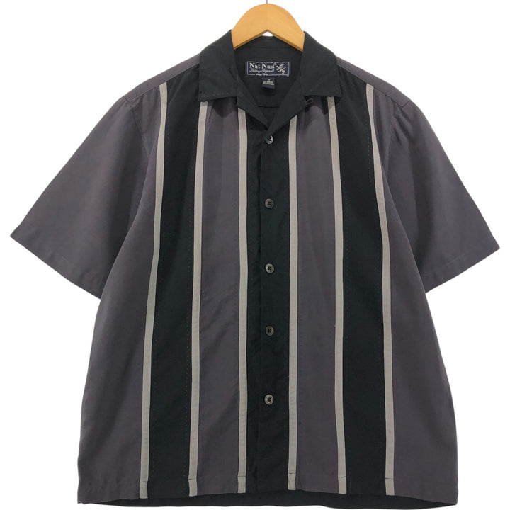 Nat Nast open collar two-tone short sleeve silk shirt box shirt men's M size silk navy blue type Vintage Second Hand