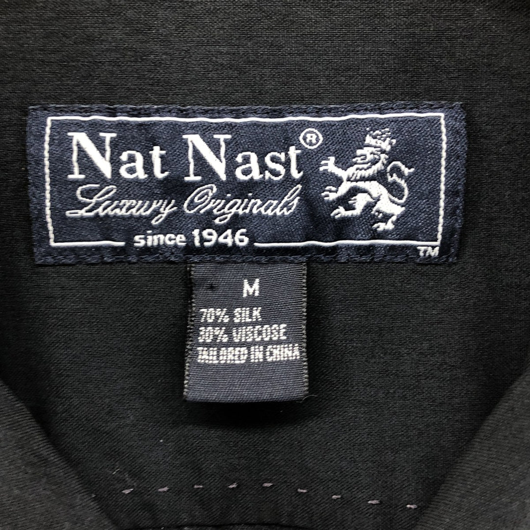Nat Nast open collar two-tone short sleeve silk shirt box shirt men's M size silk navy blue type Vintage Second Hand