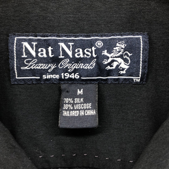 Nat Nast open collar two-tone short sleeve silk shirt box shirt men's M size silk navy blue type Vintage Second Hand