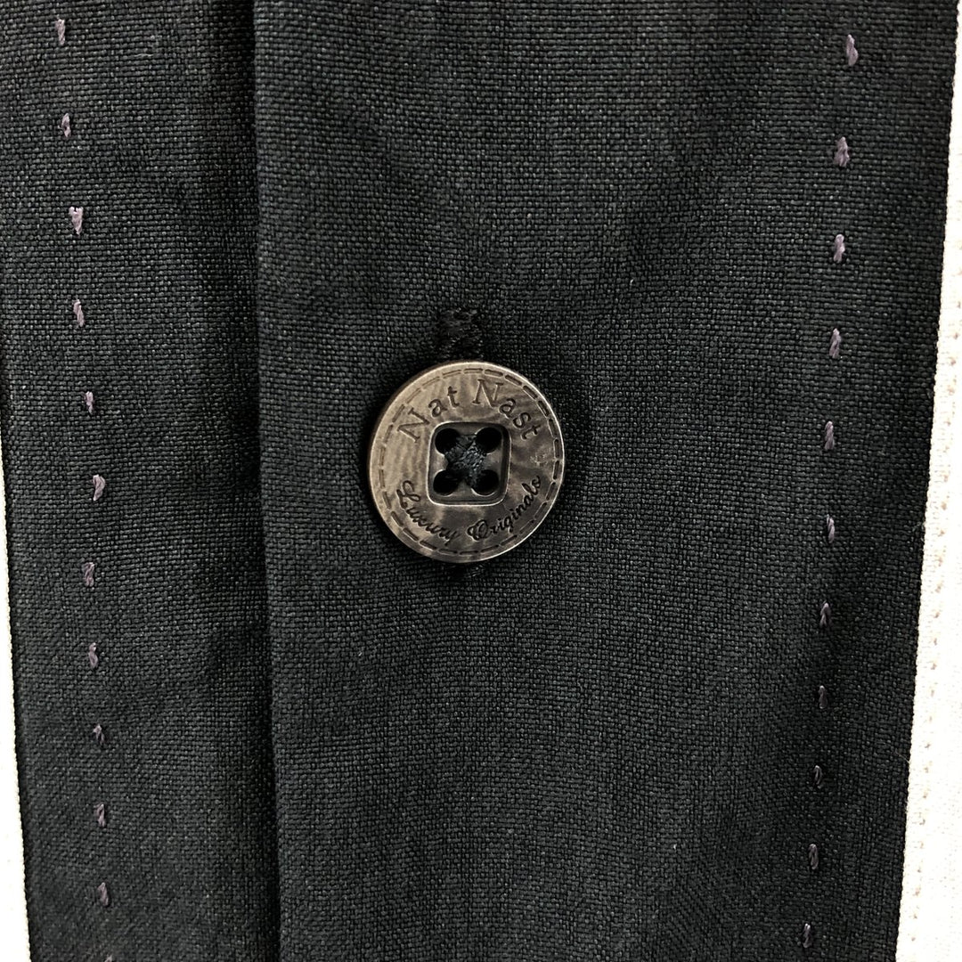 Nat Nast open collar two-tone short sleeve silk shirt box shirt men's M size silk navy blue type Vintage Second Hand