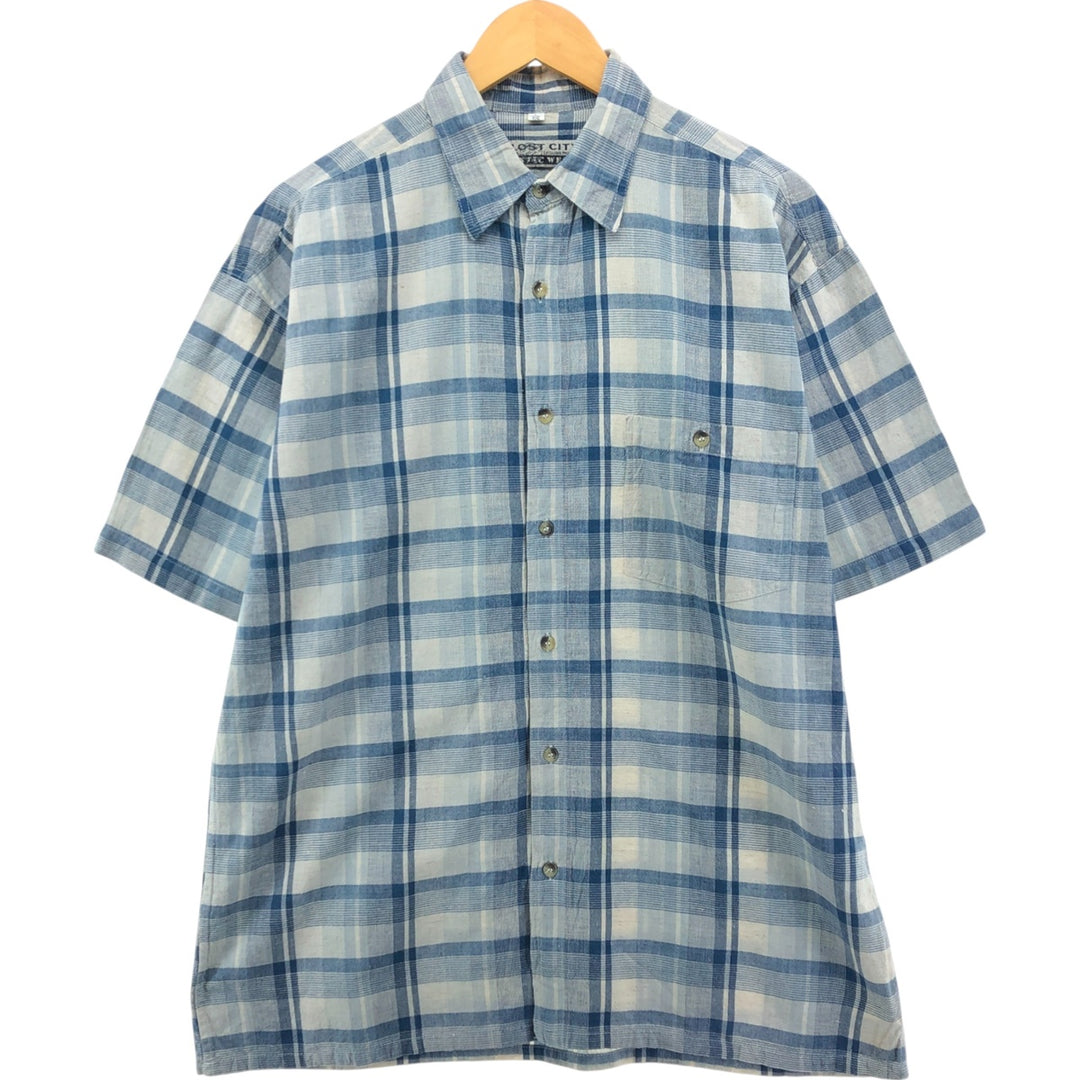 THE LOST CITY Check Pattern Short Sleeve Linen Shirt Box Shirt Men's XL Size cotton blue type Vintage Second Hand