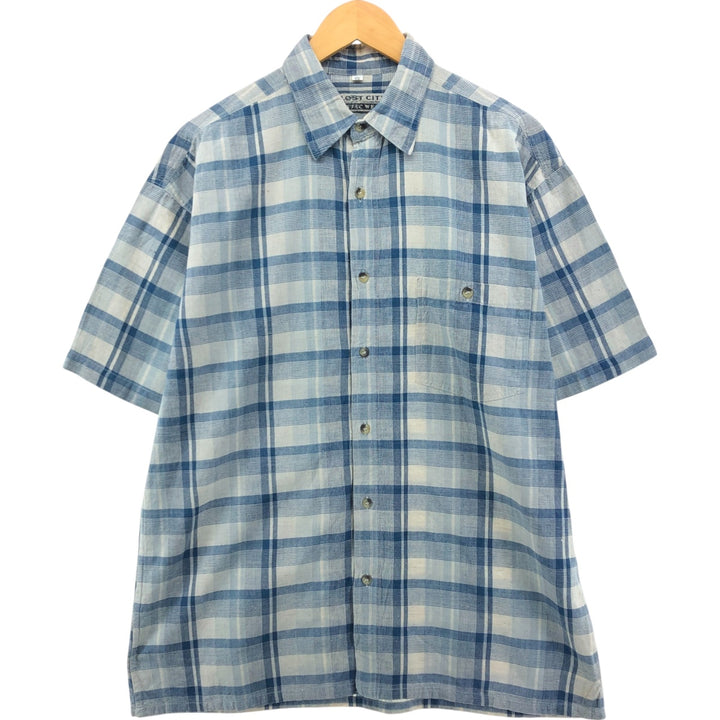 THE LOST CITY Check Pattern Short Sleeve Linen Shirt Box Shirt Men's XL Size cotton blue type Vintage Second Hand