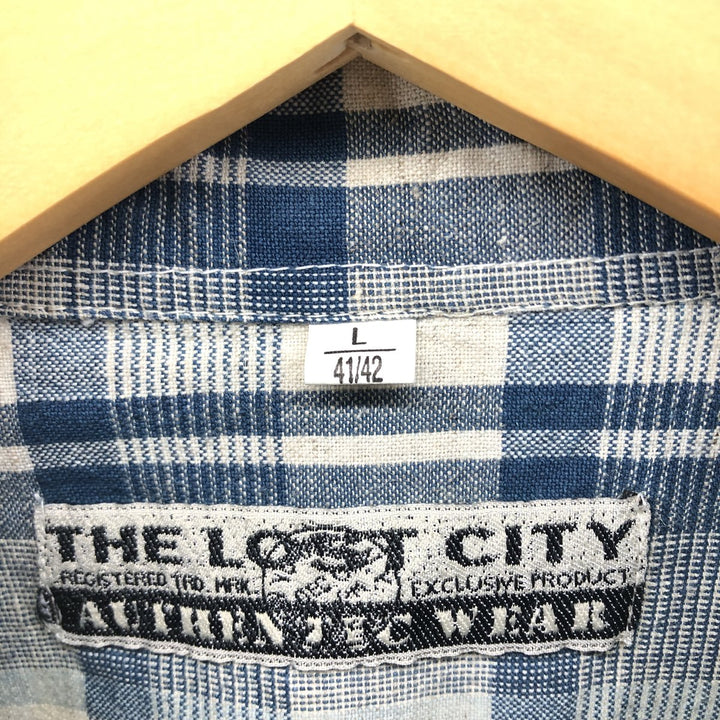 THE LOST CITY Check Pattern Short Sleeve Linen Shirt Box Shirt Men's XL Size cotton blue type Vintage Second Hand