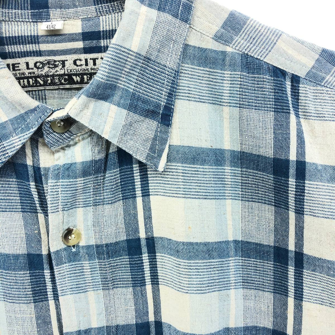 THE LOST CITY Check Pattern Short Sleeve Linen Shirt Box Shirt Men's XL Size cotton blue type Vintage Second Hand