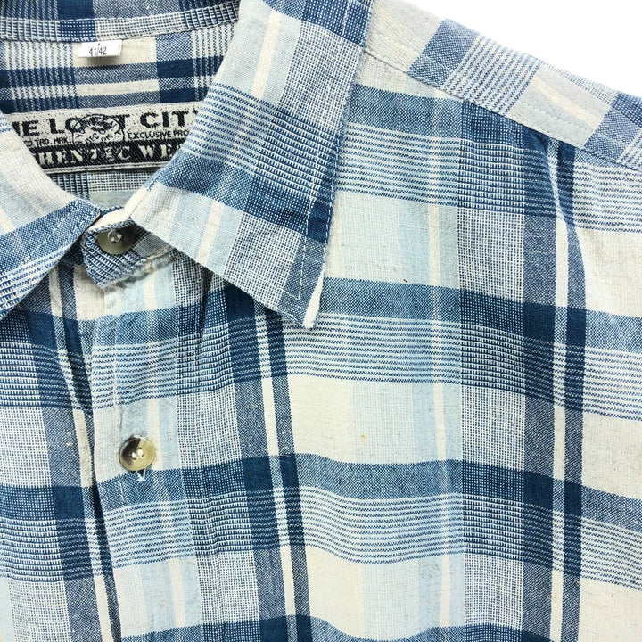 THE LOST CITY Check Pattern Short Sleeve Linen Shirt Box Shirt Men's XL Size cotton blue type Vintage Second Hand