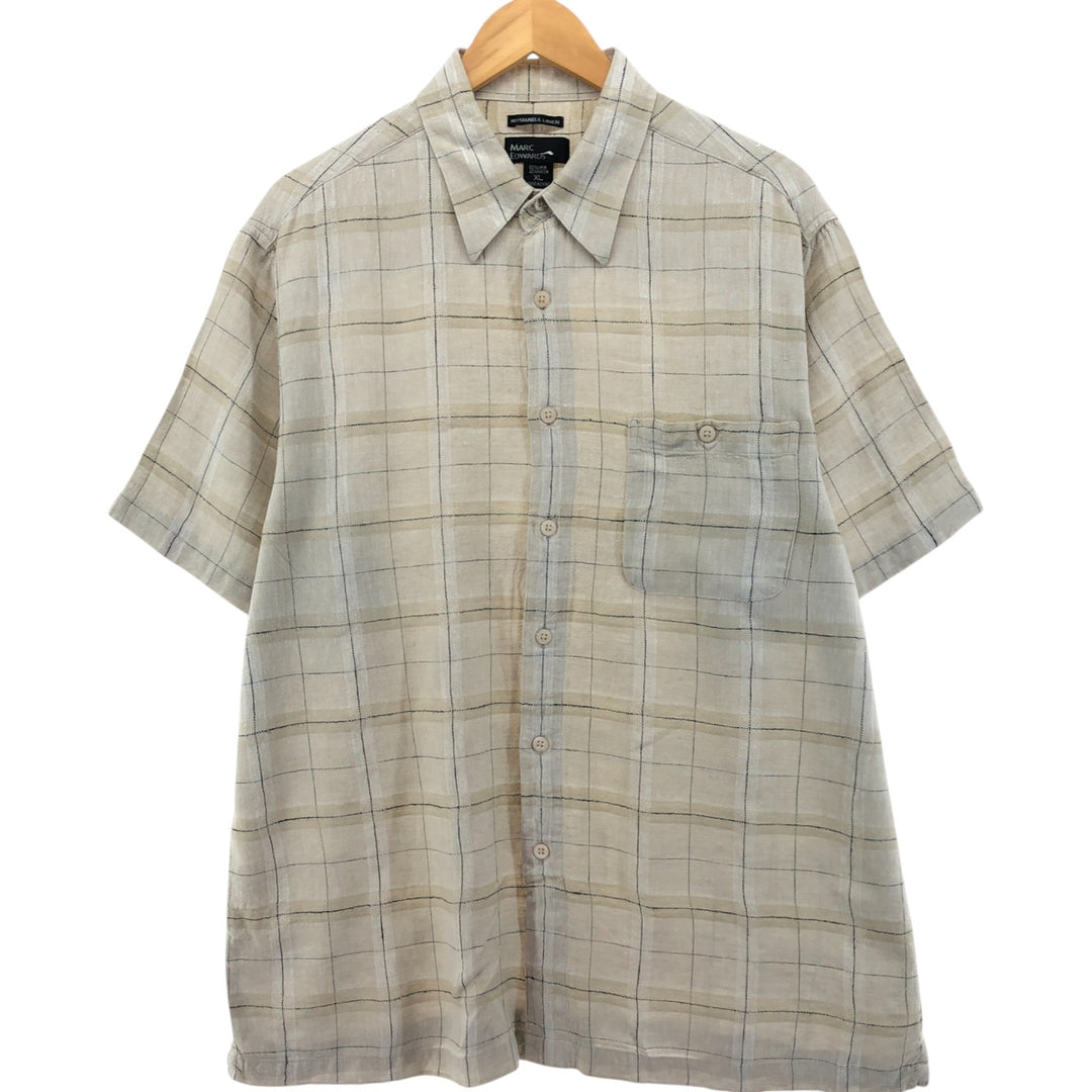 MARK EDWARDS Linen x Rayon Check Pattern Short Sleeve Linen Shirt Box Shirt Men's XL Size linen ivory Vintage Second Hand