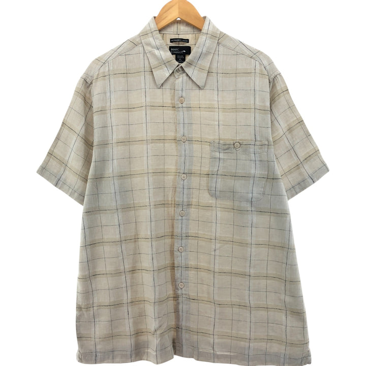 MARK EDWARDS Linen x Rayon Check Pattern Short Sleeve Linen Shirt Box Shirt Men's XL Size linen ivory Vintage Second Hand