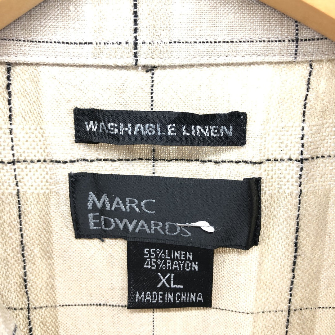 MARK EDWARDS Linen x Rayon Check Pattern Short Sleeve Linen Shirt Box Shirt Men's XL Size linen ivory Vintage Second Hand