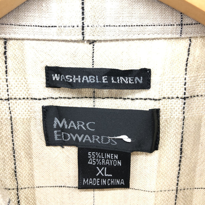 MARK EDWARDS Linen x Rayon Check Pattern Short Sleeve Linen Shirt Box Shirt Men's XL Size linen ivory Vintage Second Hand