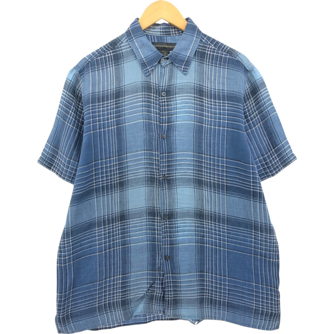 00'S Banana Republic Check Pattern Short Sleeve Linen Shirt Box Shirt Men's L size linen Blue type light blue Vintage Second Hand