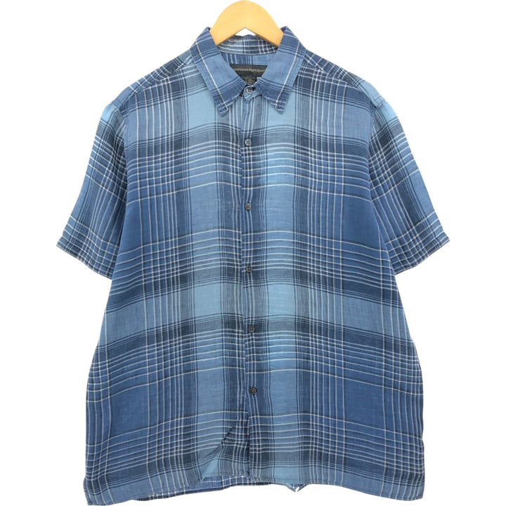 00'S Banana Republic Check Pattern Short Sleeve Linen Shirt Box Shirt Men's L size linen Blue type light blue Vintage Second Hand