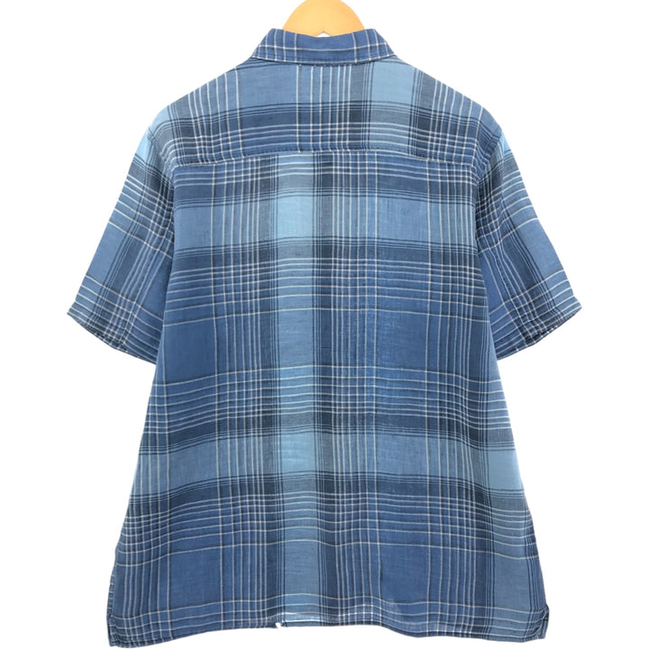 00'S Banana Republic Check Pattern Short Sleeve Linen Shirt Box Shirt Men's L size linen Blue type light blue Vintage Second Hand