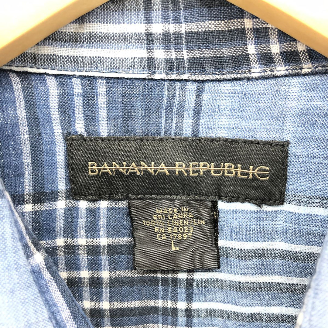 00'S Banana Republic Check Pattern Short Sleeve Linen Shirt Box Shirt Men's L size linen Blue type light blue Vintage Second Hand